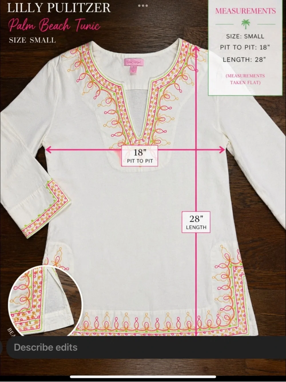 Lilly Pulitzer Embroidered Palm Beach Tunic Top White Pink Green Gold Small - Picture 5 of 16